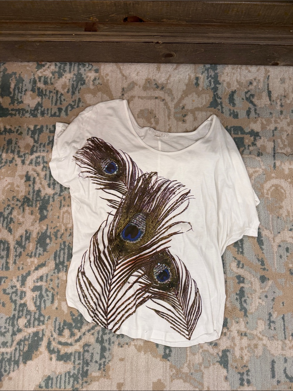 Forever 21 White Scoop Neck Top with Peacock Feather Design